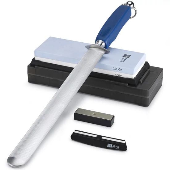 TAIDEA Késélező készlet | XXL CHEF STEEL PRO | #400/1000 nagyméretű fenőkő + Állvány/tárolódoboz + Élszögtartó | Fenőacél - lapos (30 cm)